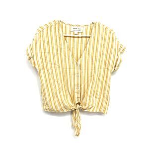 Cloth & Stone Yellow Tie Front Blouse Stripe Button Up Linen Blend Size XS